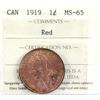 Image 1 : 1-cent 1919 ICCS Certified MS-65 Red. Flashy coin with deeper olive green highlights.