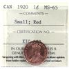 Image 1 : 1-cent 1920 Small ICCS Certified MS-65 Red. Nice radiant luster!