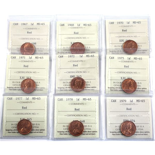1-cent 1967, 1968, 1970, 1971, 1972, 1975, 1977, 1978 & 1979 ICCS Certified MS-65 Red. 9pcs