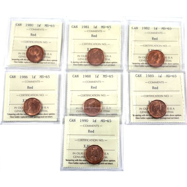 1-cent 1980, 1981, 1982, 1986, 1988, 1989 & 1990 ICCS Certified MS-65 Red. 7pcs