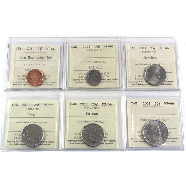 1-cent Non-Magnetic, 10-cent, 25-cent Caribou, Orca, Falcon, 50-cent 2011 ICCS Certified MS-66. 6pcs