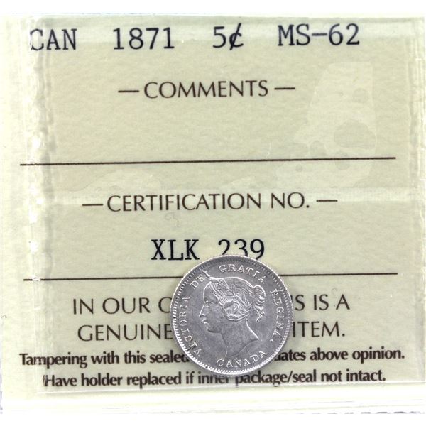 5-cent 1871 ICCS Certified MS-62.