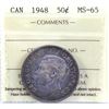 Image 1 : 50-cent 1948 ICCS Certified MS-65. High Grade Key Date. A nicely toned coin with golden rose tones.