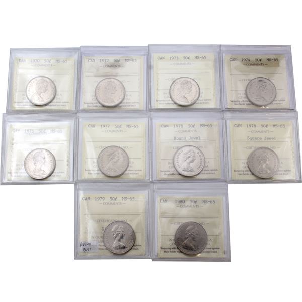 50-cent 1970, 1972, 1973, 1974, 1976, 1977, 1978 Round Jewel, 1978 Square Jewel, 1979 & 1980 ICCS Ce