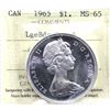 Image 1 : Silver $1 1965 Large Beads Blunt 5 (Variety 3) ICCS Certified MS-65. Full white coin with exceptiona