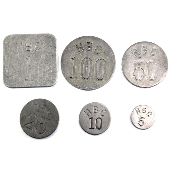 Tokens, Hudson Bay 1946 6-coin Eastern Arctic Set (5c, 10c, 25c, 50c, 100c & 1 Large square Silver F