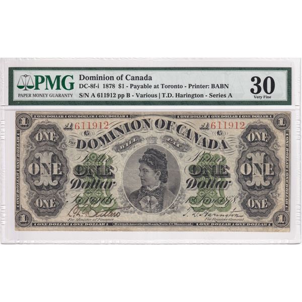 DC-8f-i 1878 Dominion of Canada $1, Various-Harington, Lettered Boarder, Payable at Toronto, Series