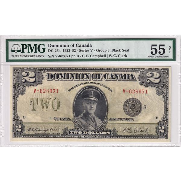 DC-26k 1923 $2 Dominion Of Canada, Black Seal, Group 3, Campbell-Clark S/N: V-628971-B. PMG Certifie