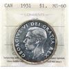 Image 1 : 1951 Short Waterline Silver Dollar ICCS Certified MS-60