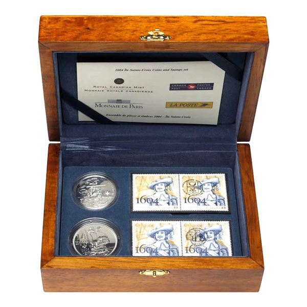 2004 Canada Ile Sainte-Croix Silver 2-Coin and Stamp Set.