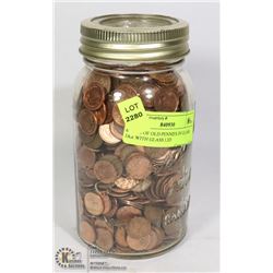 6+ LBS OF OLD PENNIES IN GLASS JAR WITH GLASS LID