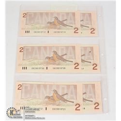 6 PCS. 1986 $2 UNC. ALL SEQUENTIAL NUMBERS