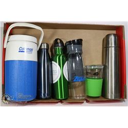 FLAT OF 6 THERMOS,WATER BOTTLES,COLEMAN JUG