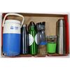 FLAT OF 6 THERMOS,WATER BOTTLES,COLEMAN JUG