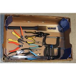 LARGE FLAT OF ASSORTED HAND TOOLS AND CLAMPS