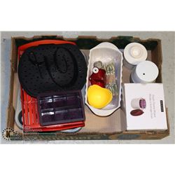 LARGE FLAT OF KITCHENWARE, INCLUDING SOME EPICURE