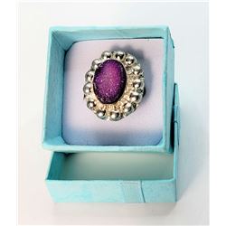 17)  PURPLE OVAL DRUZY RING SET IN 925