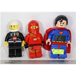 LEGO ALARM CLOCKS GROUP OF 3 SUPERMAN,NINJAGO,AND