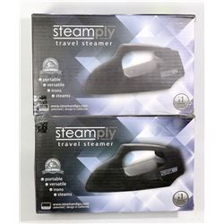 TWO BLACK STEAMPLY TRAVEL STEAMERS