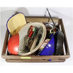 WOOD CRATE W/ANTIQUE ENAMEL ROASTER STRAINER CUPS