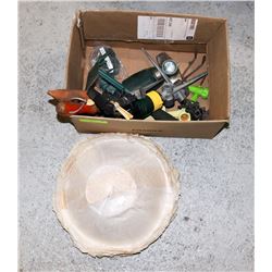 BOX OF GARDEN SUPPLIES, TROWELS, SPRINKLERS,