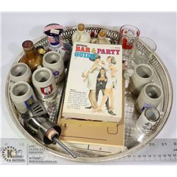 BAR TRAY FILLED WITH VINTAGE MINI DECANTERS,