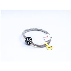 SILVER BRACELET WITH CLEAR STONES, BLACK FLOWER