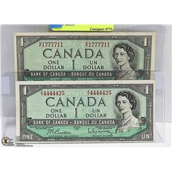 PAIR OF CANADIAN POKER SERIAL NUMBER 1954 $1 BILLS