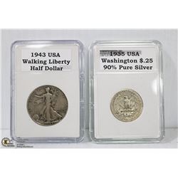 OLD USA 90% SILVER 1943- $.50, 1935- $.25