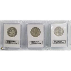 3 PCS. CANADIAN SILVER $.50 1957 1958 1959