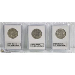 3 PCS. CANADIAN SILVER $.50 1943 1953 1956