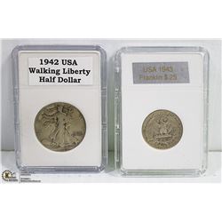 OLD USA 90% SILVER 1943- $.50, 1942-D $.25