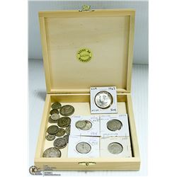 BOX OF HIGH SILVER COINS VARIOUS YEARS GRADES