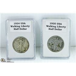 2 PCS USA 1/2 DOLLAR 3/4 OZ 90% PURE SILVER 1930'S