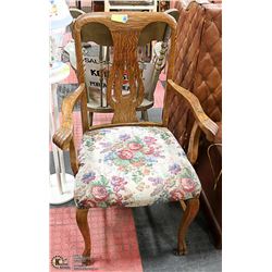 VINTAGE WOOD TAPESTRY ARMCHAIR