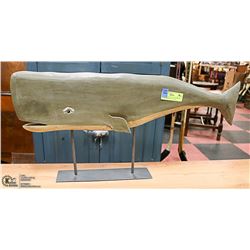 WOOD WHALE STATUE ON METAL STAND APPROX 2FT LONG