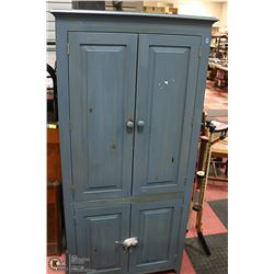 BLUE WOOD FOUR DOOR CABINET, 32 X 22 X 70