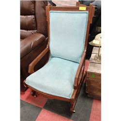 ANTIQUE LIGHT BLUE WOODEN ROCKING CHAIR ON WHEELS