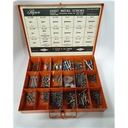 ANTIQUE "PAPCO" METAL BOX OF ASSORTED SHEET METAL