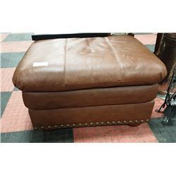 BROWN LEATHER NAILHEAD OTTOMAN, 29 X 23 X 18