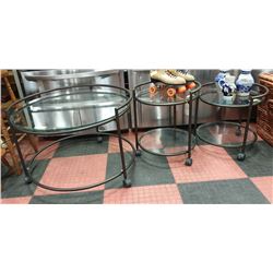 METAL AND GLASS ROUND COFFEE TABLE AND END TABLES