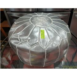 SILVER WITH WHITE STITCHING LEATHERETTE ROUND OTTOMAN