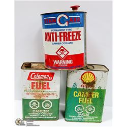 3 VINTAGE SHELL AND STAN-GUARD TIN CONTAINERS