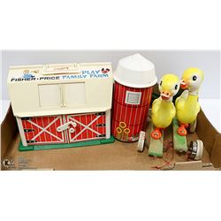 1960S FISHER PRICE BARN & SILO AND DUCK PULL TOY