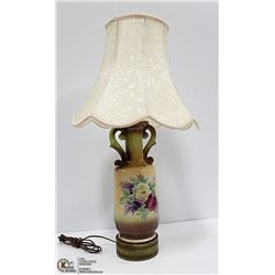 SIGNED HAND PAINTED FLORAL TABLE LAMP W/BRASS BASE