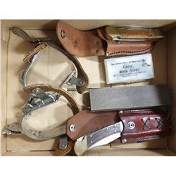 BOX OF ESTATE VINTAGE ITEMS - SET OF SPURS,