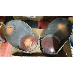 2 VINTAGE RAILWAY SIGNAL HOODS WITH RED LENSES