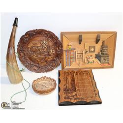 VINTAGE WOOD DIORAMA & 2 GERMAN CARVED PLAQUES,