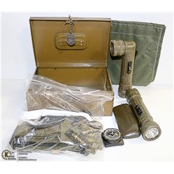VINTAGE MILITARY- ASST. FLASHLIGHTS, COMPASS,