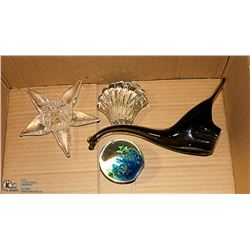 4 BLOWN GLASS PAPERWEIGHTS DINOSAUR, FISH, SHELL